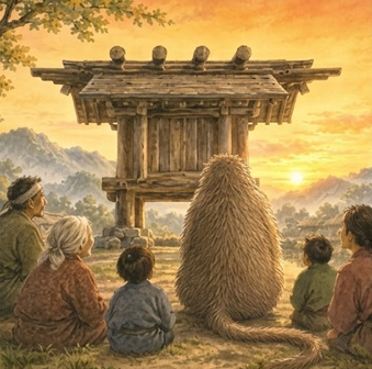 『アカとアオ』の挿絵：夕暮れのやしろの前に集まる村人たち