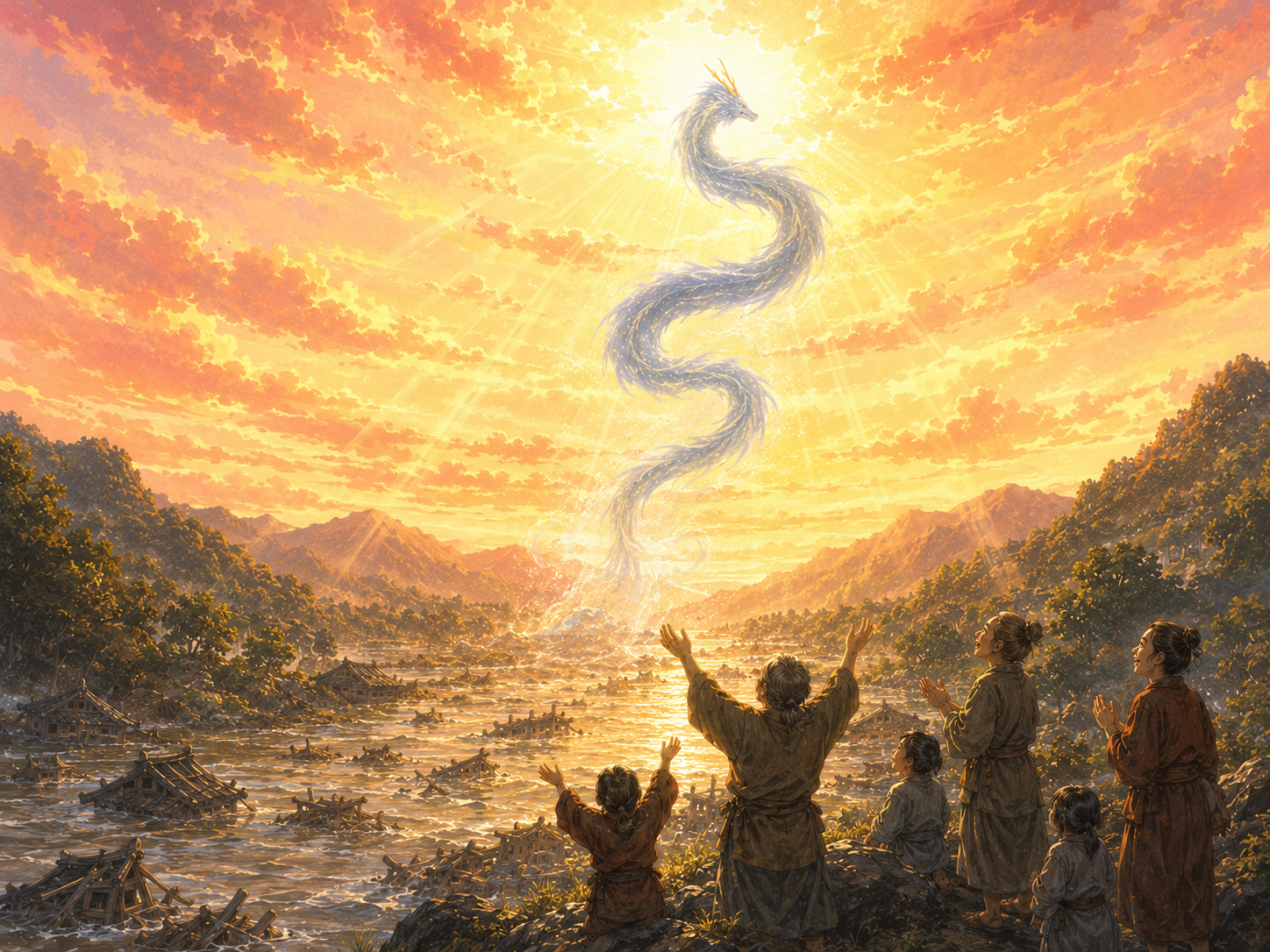 Illustration for Scene 12 of “Aka and Ao” — The Floodwaters Recede